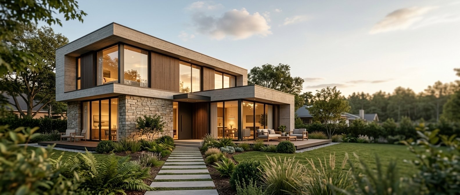 Casa moderna ABIX con iluminación cálida al atardecer